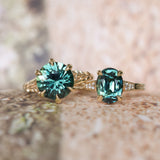 3.22ct Teal Oval Madagascar Sapphire and Diamond Vintage Cathedral Four Prong Ring in 14k Yellow Gold