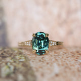 3.22ct Teal Oval Madagascar Sapphire and Diamond Vintage Cathedral Four Prong Ring in 14k Yellow Gold