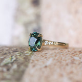 3.22ct Teal Oval Madagascar Sapphire and Diamond Vintage Cathedral Four Prong Ring in 14k Yellow Gold