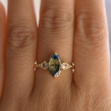 1.87ct Parti Australian Fantasy Cut Sapphire and White Australian Kite Sapphire Antique Milgrain Three Stone Low Profile Ring in 18k Yellow Gold