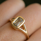 1.36ct Unique Cushion Cut Grey Champagne Diamond Split Shank Bezel Set Ring in 14k Yellow Gold