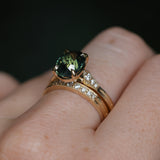 3.22ct Teal Oval Madagascar Sapphire and Diamond Vintage Cathedral Four Prong Ring in 14k Yellow Gold