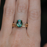 3.22ct Teal Oval Madagascar Sapphire and Diamond Vintage Cathedral Four Prong Ring in 14k Yellow Gold