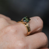 3.22ct Teal Oval Madagascar Sapphire and Diamond Vintage Cathedral Four Prong Ring in 14k Yellow Gold