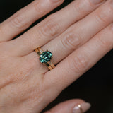 3.22ct Teal Oval Madagascar Sapphire and Diamond Vintage Cathedral Four Prong Ring in 14k Yellow Gold