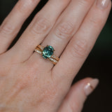 3.22ct Teal Oval Madagascar Sapphire and Diamond Vintage Cathedral Four Prong Ring in 14k Yellow Gold