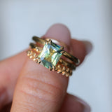 3.01ct Madagascar Parti Radiant Cut Sapphire Double Prong Evergreen Carved Stackable Solitaire in 14k Yellow Gold