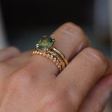 3.01ct Madagascar Parti Radiant Cut Sapphire Double Prong Evergreen Carved Stackable Solitaire in 14k Yellow Gold