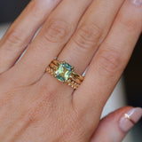 3.01ct Madagascar Parti Radiant Cut Sapphire Double Prong Evergreen Carved Stackable Solitaire in 14k Yellow Gold