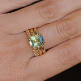 3.01ct Madagascar Parti Radiant Cut Sapphire Double Prong Evergreen Carved Stackable Solitaire in 14k Yellow Gold