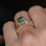 3.01ct Madagascar Parti Radiant Cut Sapphire Double Prong Evergreen Carved Stackable Solitaire in 14k Yellow Gold