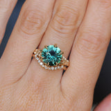 4.23ct Round Teal Green Sapphire Low Profile Wandering Vine Split Shank Six Prong Solitaire in 14k Yellow Gold
