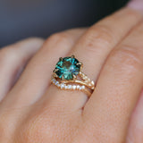 4.23ct Round Teal Green Sapphire Low Profile Wandering Vine Split Shank Six Prong Solitaire in 14k Yellow Gold