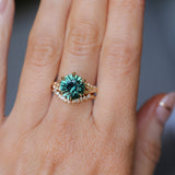 4.23ct Round Teal Green Sapphire Low Profile Wandering Vine Split Shank Six Prong Solitaire in 14k Yellow Gold