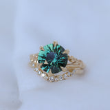4.23ct Round Teal Green Sapphire Low Profile Wandering Vine Split Shank Six Prong Solitaire in 14k Yellow Gold