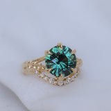 4.23ct Round Teal Green Sapphire Low Profile Wandering Vine Split Shank Six Prong Solitaire in 14k Yellow Gold
