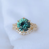 4.23ct Round Teal Green Sapphire Low Profile Wandering Vine Split Shank Six Prong Solitaire in 14k Yellow Gold