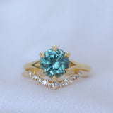 3.01ct Round GIA Teal Montana Sapphire Low Profile Six Prong Split Shank Solitaire in 18k Yellow Gold