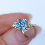 3.38ct Untreated Montana Sapphire Cushion Cut Marquise Diamond Cluster Ring in 18k Yellow Gold