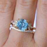 3.38ct Untreated Montana Sapphire Cushion Cut Marquise Diamond Cluster Ring in 18k Yellow Gold
