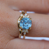 3.38ct Untreated Montana Sapphire Cushion Cut Marquise Diamond Cluster Ring in 18k Yellow Gold