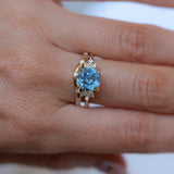 3.38ct Untreated Montana Sapphire Cushion Cut Marquise Diamond Cluster Ring in 18k Yellow Gold