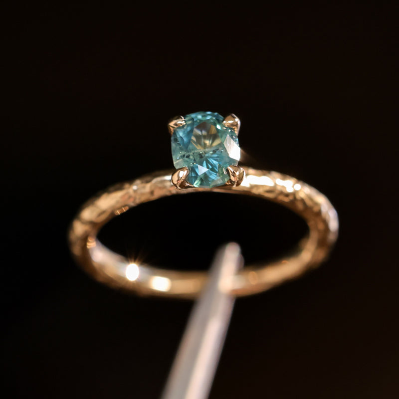 0.90ct Fancy Precision Teal Montana Sapphire Evergreen Carved 4 Prong Solitaire in 14k Yellow Gold