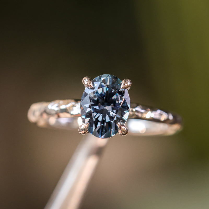 1.67ct Untreated Montana Sapphire Evergreen Carved 4 Prong Solitaire in Platinum