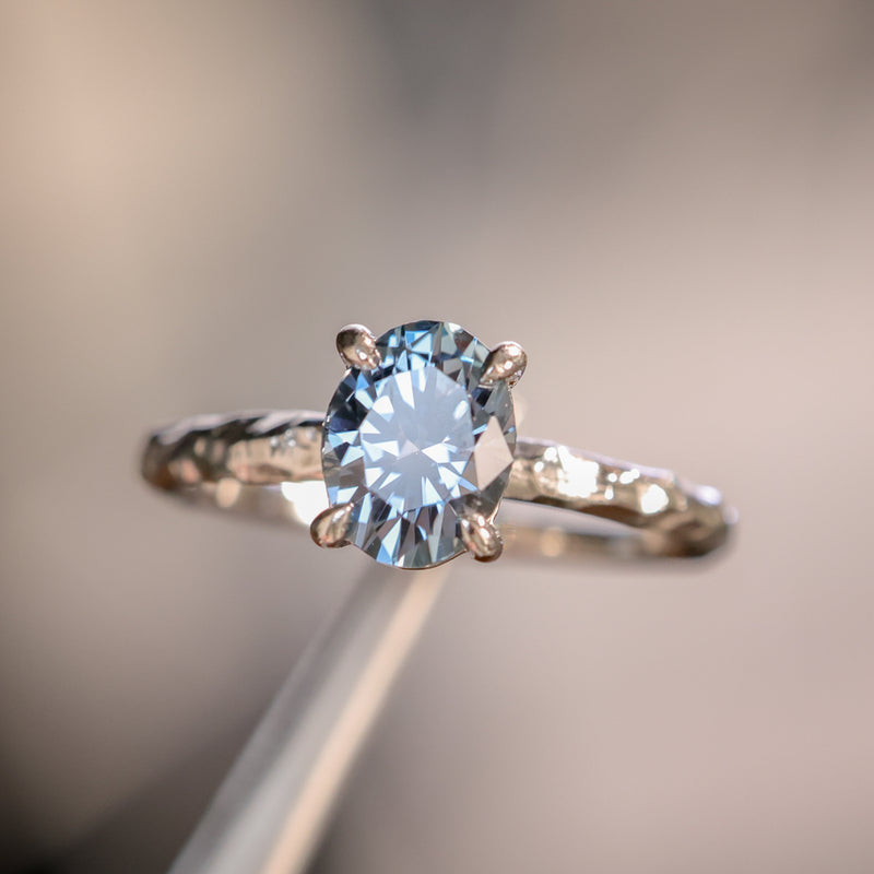 1.67ct Untreated Montana Sapphire Evergreen Carved 4 Prong Solitaire in Platinum