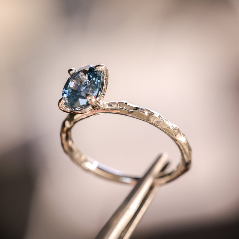 1.67ct Untreated Montana Sapphire Evergreen Carved 4 Prong Solitaire in Platinum