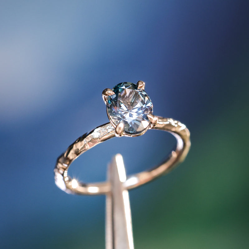 1.67ct Untreated Montana Sapphire Evergreen Carved 4 Prong Solitaire in Platinum