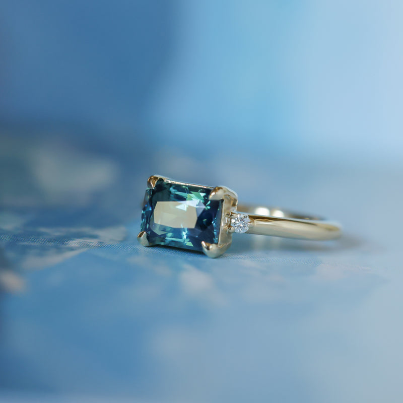 2.51ct Radiant Cut Untreated Madagascar Sapphire and Diamond Low Profile East-West Ring in 14k Yellow Gold