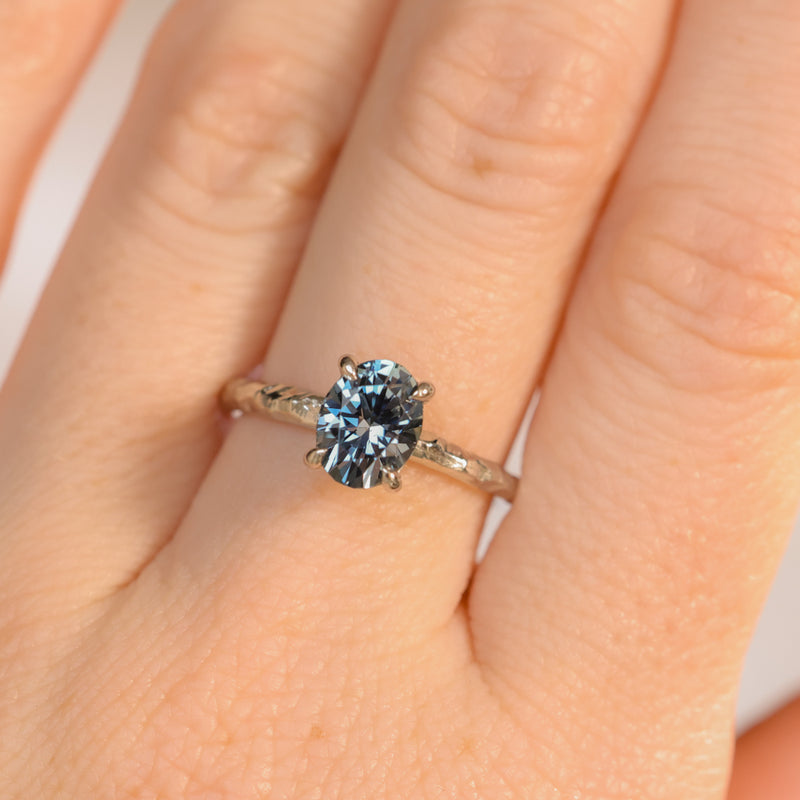 1.67ct Untreated Montana Sapphire Evergreen Carved 4 Prong Solitaire in Platinum