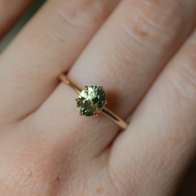 1.54ct Untreated Parti Green Madagascar Oval Sapphire Lotus Solitaire in 14k Yellow Gold