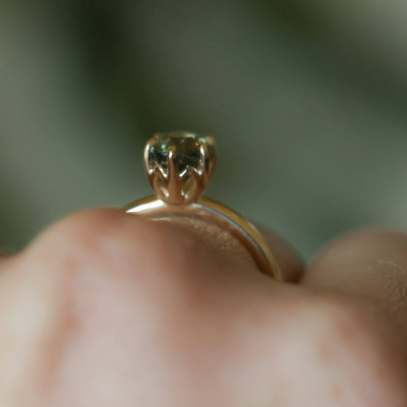 1.54ct Untreated Parti Green Madagascar Oval Sapphire Lotus Solitaire in 14k Yellow Gold