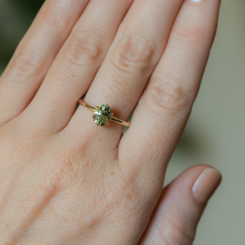 1.54ct Untreated Parti Green Madagascar Oval Sapphire Lotus Solitaire in 14k Yellow Gold