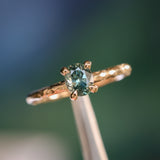 0.85ct Oval Precision Cut Ocean Blue Montana Sapphire Evergreen Carved 4 Prong Solitaire in 14k Yellow Gold