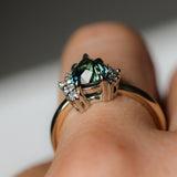 1.79ct Pear Deep Teal Green-Blue Sapphire and Diamond Asymmetrical Cluster Ring in Two Tone 14k Yellow and 14k White Gold
