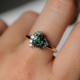 1.79ct Pear Deep Teal Green-Blue Sapphire and Diamond Asymmetrical Cluster Ring in Two Tone 14k Yellow and 14k White Gold