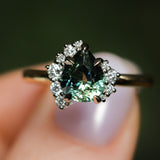 1.79ct Pear Deep Teal Green-Blue Sapphire and Diamond Asymmetrical Cluster Ring in Two Tone 14k Yellow and 14k White Gold