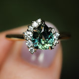 1.79ct Pear Deep Teal Green-Blue Sapphire and Diamond Asymmetrical Cluster Ring in Two Tone 14k Yellow and 14k White Gold
