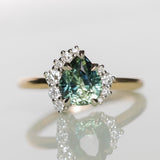 1.79ct Pear Deep Teal Green-Blue Sapphire and Diamond Asymmetrical Cluster Ring in Two Tone 14k Yellow and 14k White Gold