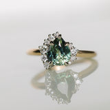 1.79ct Pear Deep Teal Green-Blue Sapphire and Diamond Asymmetrical Cluster Ring in Two Tone 14k Yellow and 14k White Gold