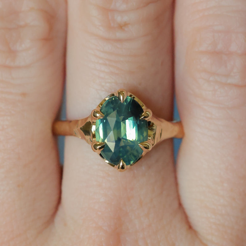 3.29ct Untreated Oval Parti Green Sapphire Low Profile 6 Prong Evergreen Carved Solitaire in 14k Yellow Gold