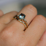 1.77ct Oval Precision Cut Parti Light Teal Montana Sapphire and Princess Cut Diamond Rapids Low Profile Ring in 14k Yellow Gold