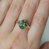 3.29ct Untreated Oval Parti Green Sapphire Low Profile 6 Prong Evergreen Carved Solitaire in 14k Yellow Gold