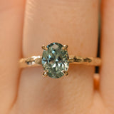 1.58ct Oval Untreated Light Blue Montana Sapphire Evergreen Carved 4 Prong Solitaire in 14k Yellow Gold