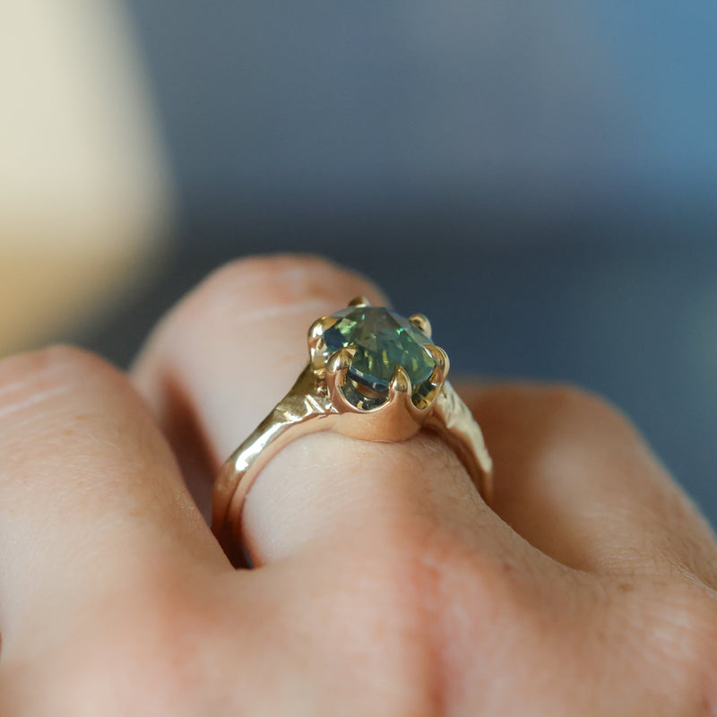 3.29ct Untreated Oval Parti Green Sapphire Low Profile 6 Prong Evergreen Carved Solitaire in 14k Yellow Gold