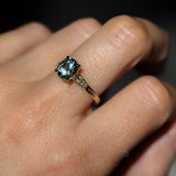 1.74ct Fancy Elongated Cushion Parti Teal Blue Montana Sapphire and Diamond Vintage Cathedral 4 Prong Solitaire in 14k Yellow