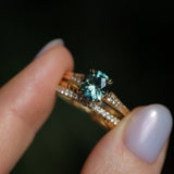 1.74ct Fancy Elongated Cushion Parti Teal Blue Montana Sapphire and Diamond Vintage Cathedral 4 Prong Solitaire in 14k Yellow